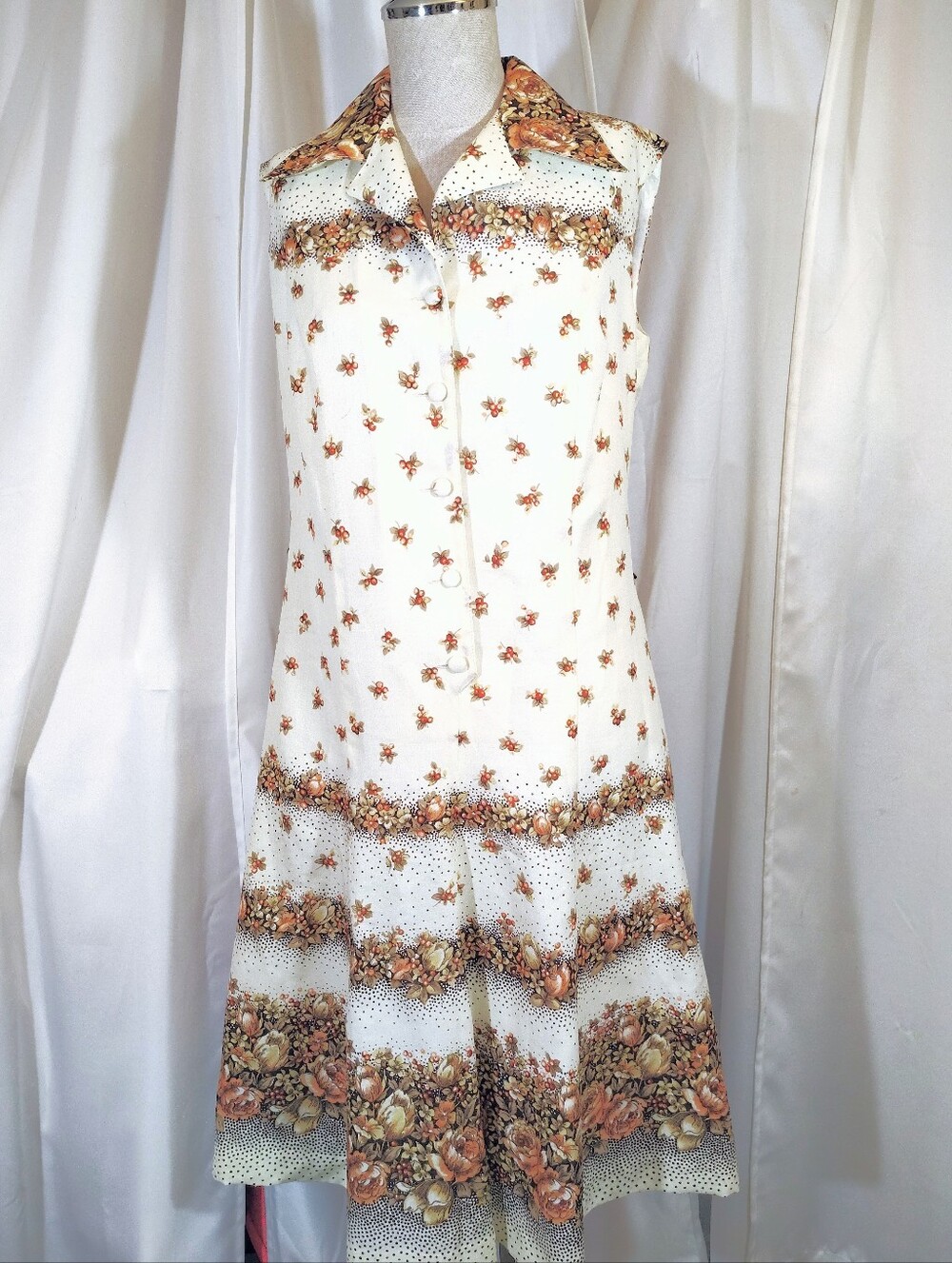 Hellweg  Midi Dress, Sleeveless, Collar, European  Browns+Ivory Floral, Bttns,L